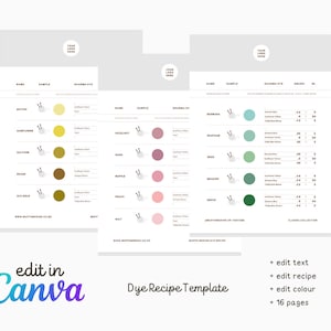 May include: A dye recipe template with color swatches and text. The template includes color names like "Butter" and "Sunflower", with corresponding yarn samples and dye information. The Canva logo and text "edit in Canva" are visible.