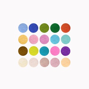 May include: A color palette of 20 small circles in various colors, including blue, green, brown, pink, and beige.