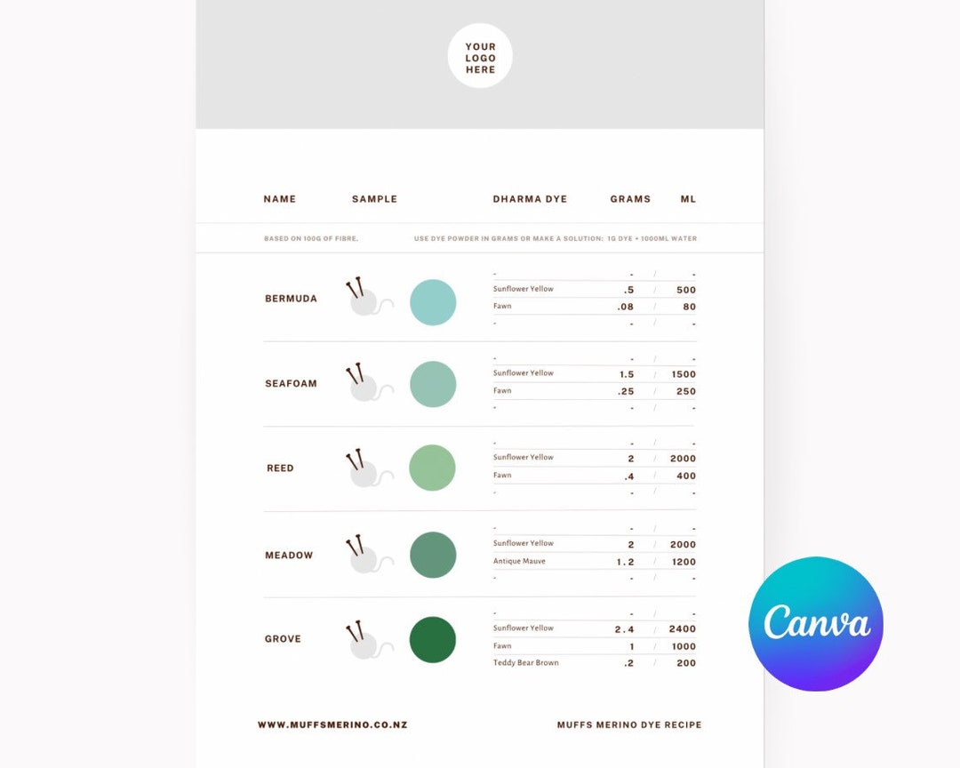 Yarn Dyeing Recipe Canva Template Mix Your Own Dye Colours Etsy