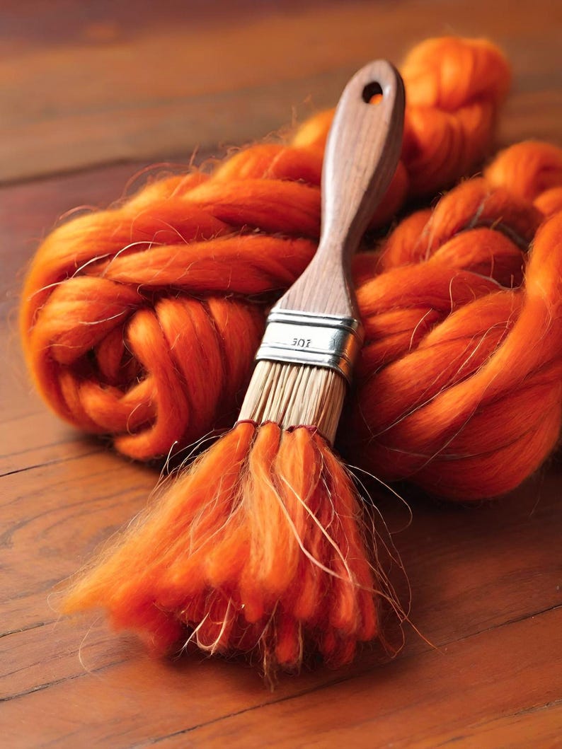 May include: A wooden-handled paintbrush with a silver ferrule rests on a pile of vibrant orange wool roving. The brush's bristles are saturated with the same bright orange color. The scene is set on a warm, wooden surface, creating a contrast of textures.