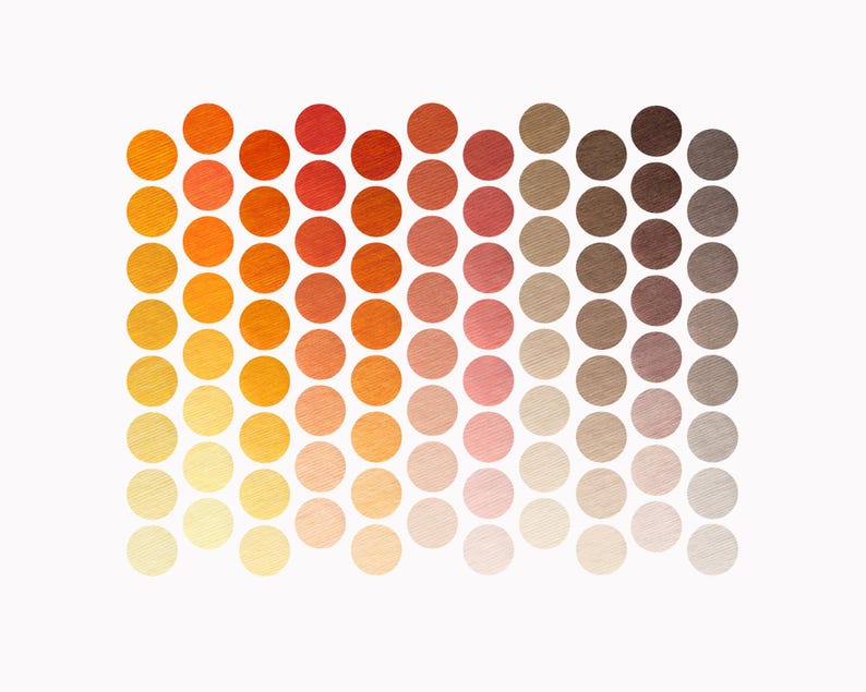May include: A color palette of round, textured dots arranged in rows. The dots transition from yellow to orange, red, pink, and brown shades. The dots are on a white background, creating a visually appealing color gradient.