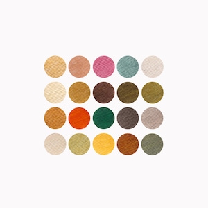 May include: A color palette of 18 small round circles in various shades of brown, beige, green, orange, pink, and gray.