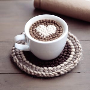 May include: A white ceramic mug filled with a coffee drink, topped with a heart-shaped design. The mug sits on a handmade, circular coaster with brown, beige, and white yarn. A rolled-up brown item is in the background.