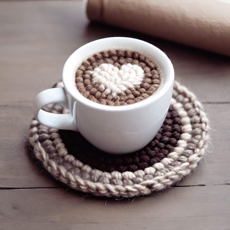 May include: A white ceramic mug filled with a coffee drink, topped with a heart-shaped design. The mug sits on a handmade, circular coaster with brown, beige, and white yarn. A rolled-up brown item is in the background.
