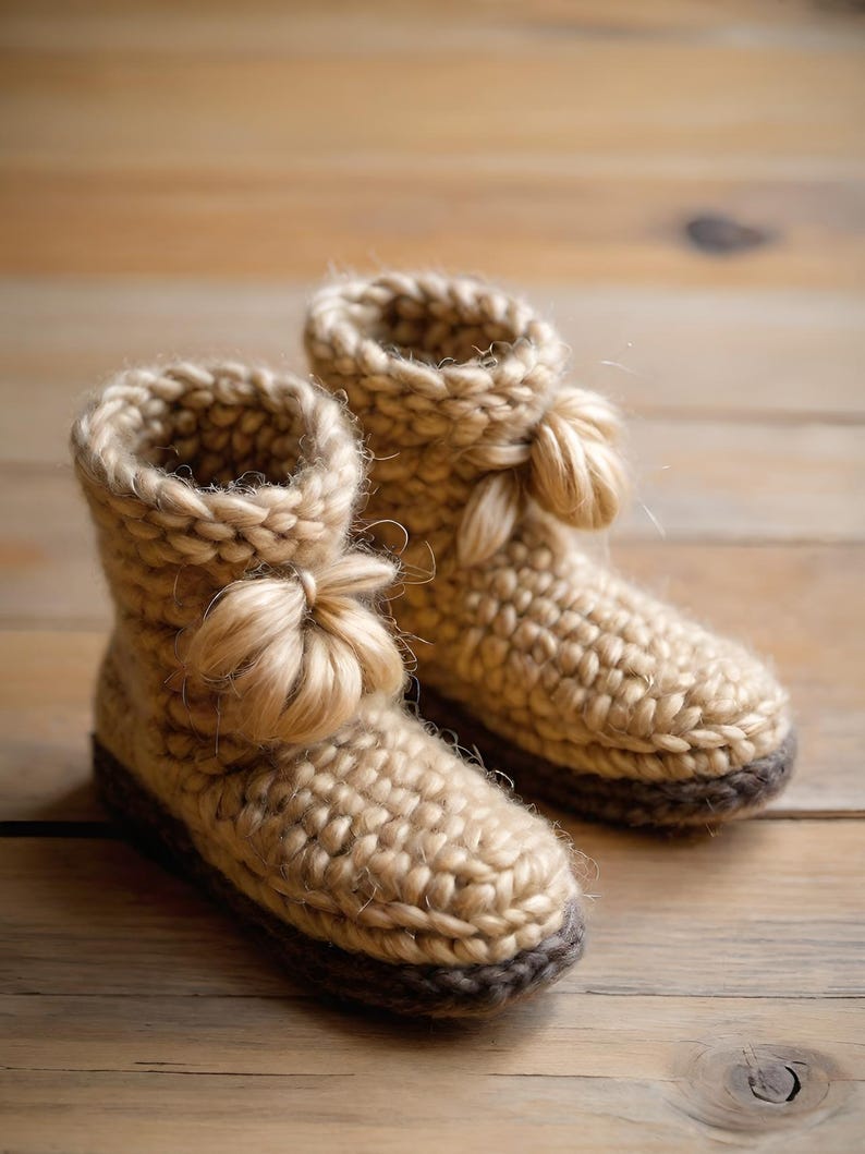 May include: A pair of handmade, beige crochet booties with a dark brown sole and a decorative pom-pom on the side. The chunky knit design suggests warmth and comfort. These cozy slippers are perfect for indoor wear.