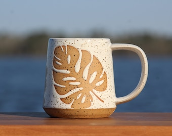 Monstera leaf mug - botanical mug - tropical leaf mug - handmade mug - Salt of the Earth Pottery