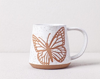 Speckled White Butterfly Mug - Monarch Mug - handmade pottery mug- coastal home - Salt of the Earth NC Pottery