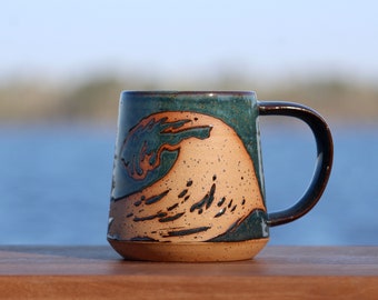 Ocean Wave Mug - Mug Surf - Mug Wave bleu - Mug vivant côtier - cadeau mari - cadeau petit ami - poterie Sel de la terre NC