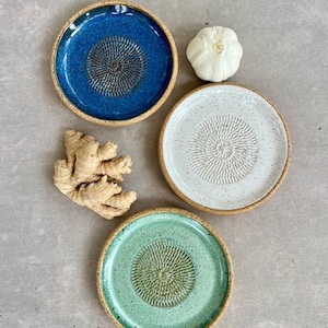May include: Three ceramic grater plates in blue, white, and green with a textured center. A bulb of garlic and a piece of ginger are also present. The plates have a rustic, handmade appearance.