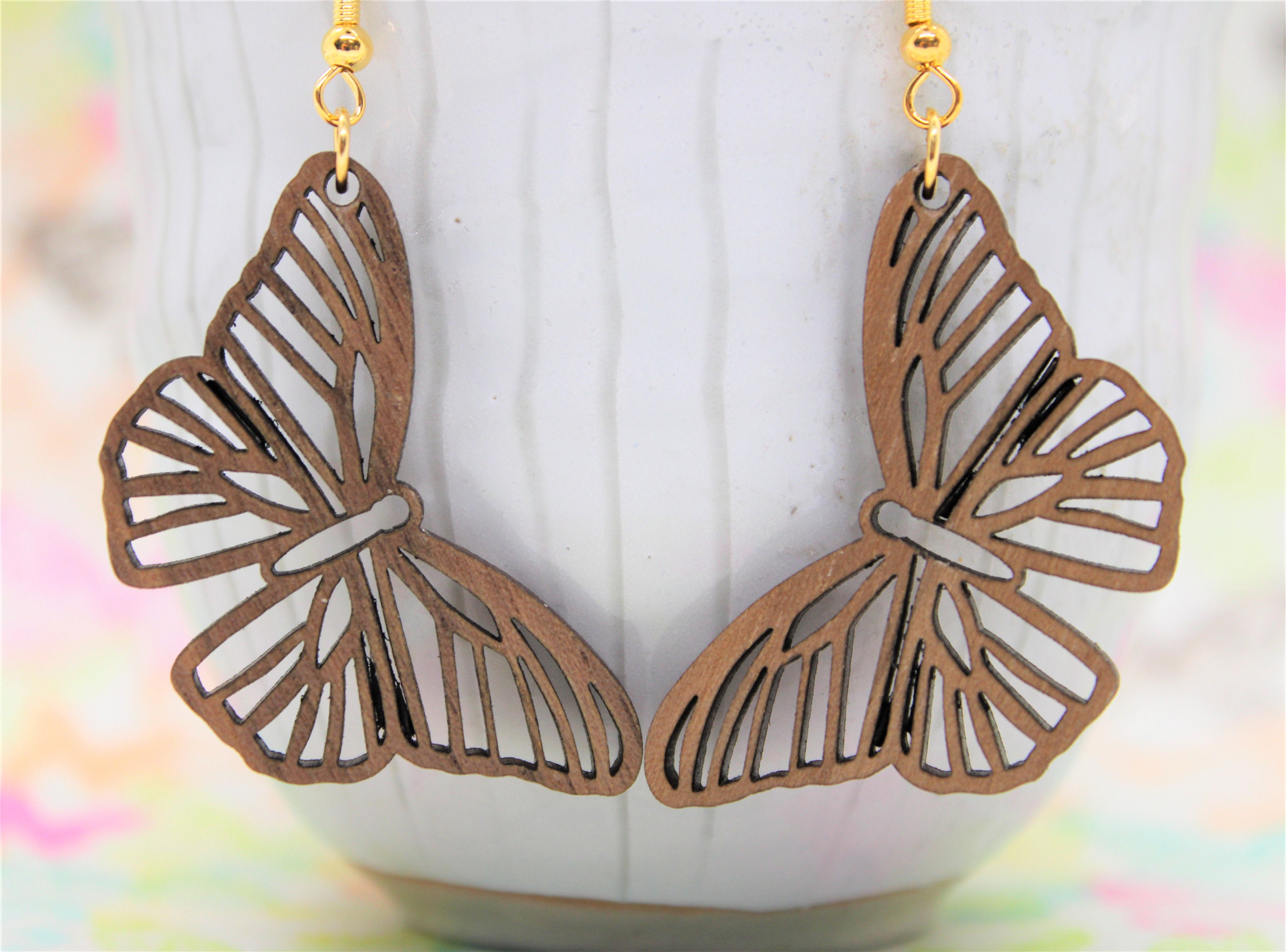 Dangling Butterfly Wood Earring Walnut Wood Goldtone Silver Etsy