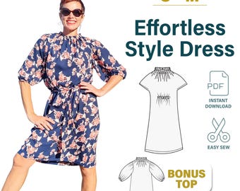 Midi Dress and Blouse Sewing Pattern | Gathered Neck, Smart Casual (PDF Digital) US 2-10