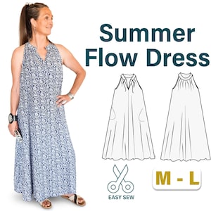 May include: A woman wearing a blue and white floral print halter maxi dress. The image includes a pattern for a Summer Flow Dress, size M-L, and the text "Easy Sew".