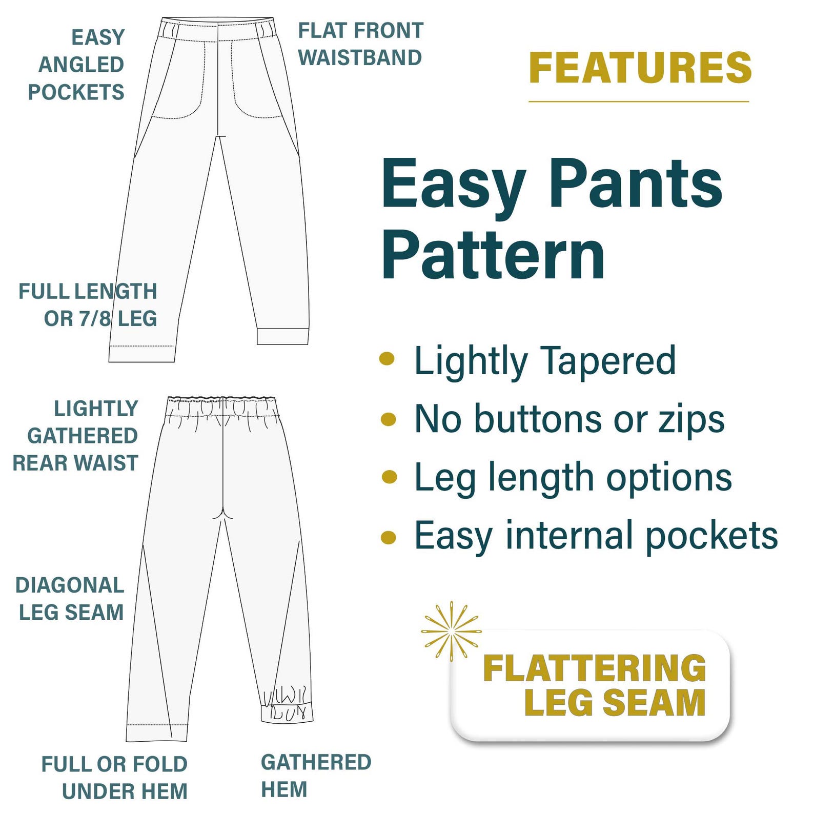Easy Pull on Pants Sewing Pattern: Flattering Front | Tapered Leg (PDF ...