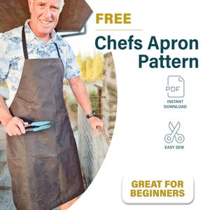 May include: A person wearing a dark gray chef's apron, holding blue tongs. The image includes text that reads "FREE Chefs Apron Pattern", "PDF Instant Download", "Easy Sew", and "GREAT FOR BEGINNERS".