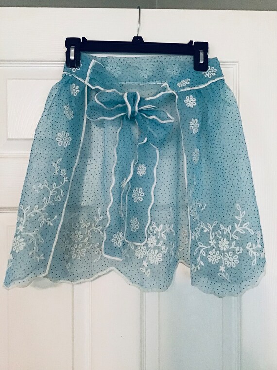 Vintage 1950’s Apron Chiffon Sheer Blue Embroidere