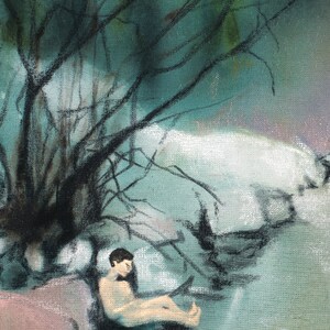 Moonbather Archival print of painting of a figure basking on watery a moonlit river shore image 4