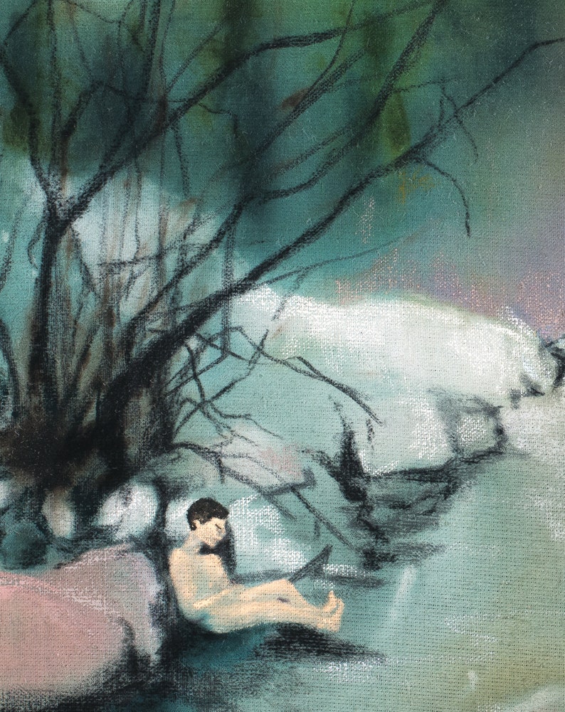 Moonbather Archival print of painting of a figure basking on watery a moonlit river shore image 4