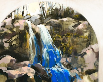 Puede incluir: Una pintura de una cascada que cae por acantilados rocosos, con un cielo azul y árboles verdes en el fondo.