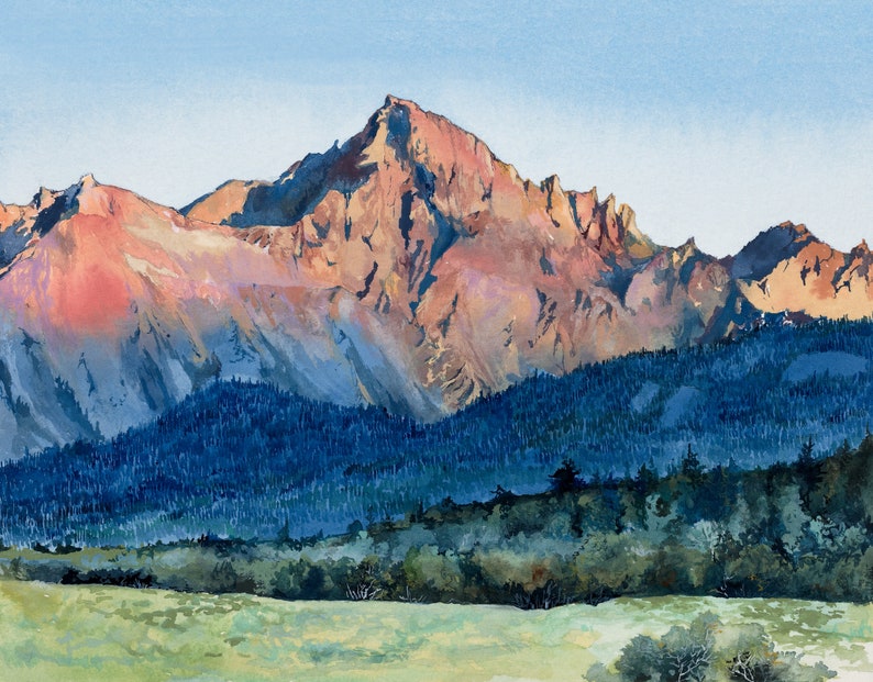 Archival print of western mountains at sunset Alpenglow