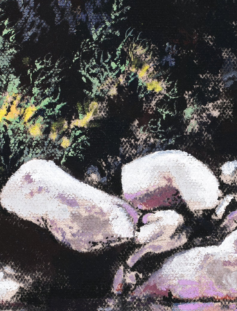 Nightswimmer Archival print of painting of figure lounging in a dark watering hole surrounded by foliage image 3