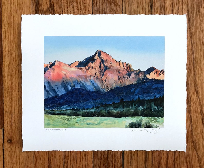 Archival print of western mountains at sunset Alpenglow