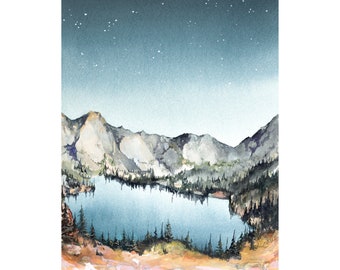 May include: A watercolor painting of a mountain lake with a starry night sky. The lake is surrounded by trees and mountains. The water is a light blue color and the sky is a dark blue color.