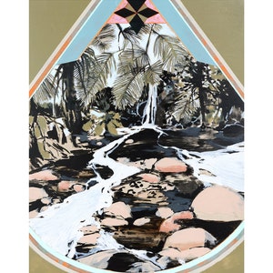 May include: A painting of a tropical scene with a waterfall flowing into a river. The painting is framed in a geometric pattern with shades of green, blue, and orange.