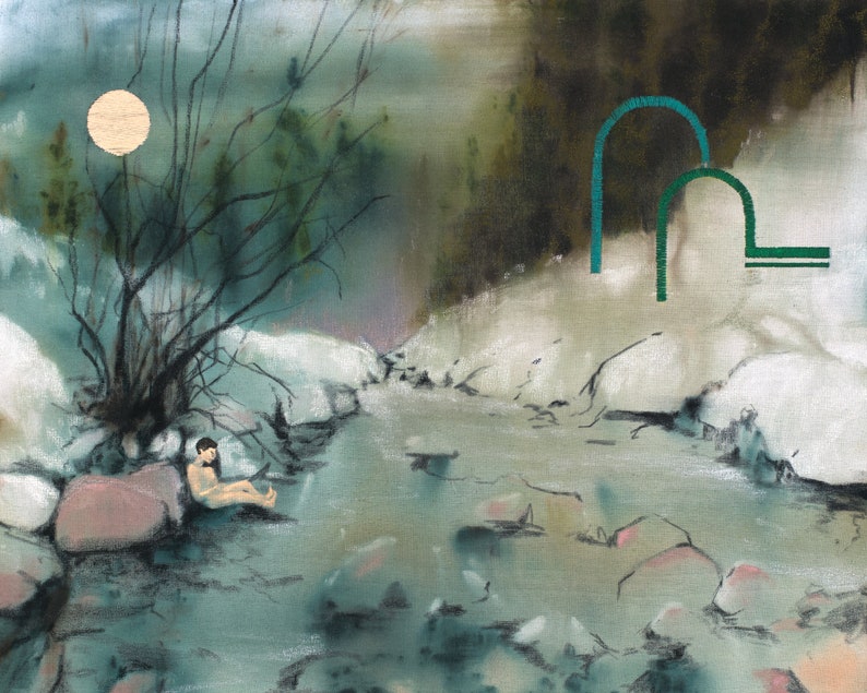 Moonbather Archival print of painting of a figure basking on watery a moonlit river shore image 1
