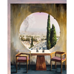 In the Pink Half-Light - Archival print of painting of a hazy landscape beyond an Arcosanti interior