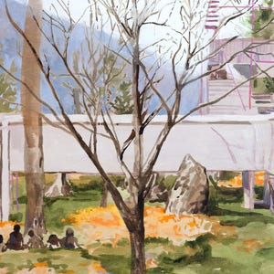 May include: A watercolour painting depicting a landscape with a modern building with a white facade and a staircase. A tree with bare branches is in the foreground, with a group of people sitting on the grass. The scene is set against a backdrop of mountains.