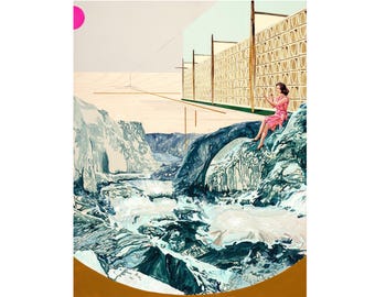 May include: An artistic collage featuring a woman in a pink dress seated on a rock formation, with a backdrop of a mountain range and a building with a patterned wall. A pink circle is in the upper left corner. The artwork has a vintage aesthetic.