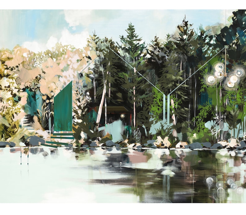 Preservationists Archival print of painting of midmodern architecture in lake forest image 1