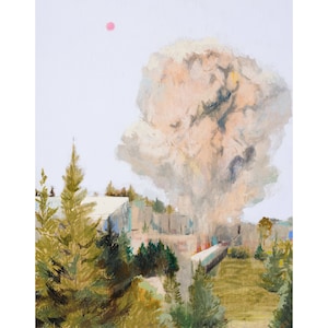 June in the WUI - Archival print of painting of smoke plume above rural mountain town