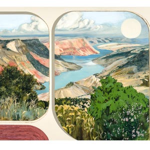 May include: A painting of a landscape with a river winding through a valley. The river is a light blue color and the valley is a mix of green, brown, and red. The sky is a light blue with white clouds. There is a large white circle in the upper right corner of the painting.