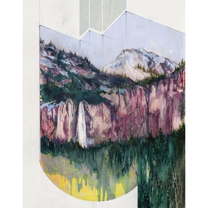 May include: A painting of a mountain landscape with a waterfall. The painting is done in a geometric style, with the mountain and waterfall appearing to be cut out and placed on a white background.
