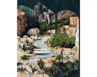 May include: An artistic painting depicts a serene landscape with a flowing river, waterfalls, and lush greenery. Large, light-colored rocks line the riverbanks, and the scene is framed by a dark, arched structure, creating a sense of depth and perspective.