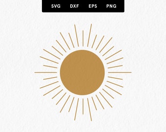 Op de afbeelding: Een digitale afbeelding van een effen bruine zon met stralende lijnen naar buiten. Boven de zon staat een zwart rechthoekig label met de witte tekst SVG, DXF, EPS en PNG, wat de beschikbare bestandsformaten voor dit ontwerp aangeeft.