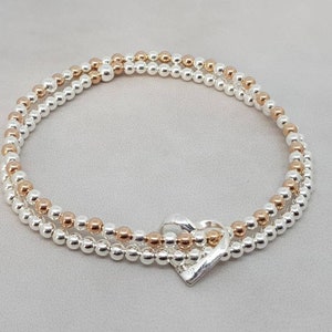 Sterling Silver & Rose Gold Floating Heart Beaded Bracelet, Stacking Bracelet, heart bracelet, rose gold bead bracelet, bridesmaid gif