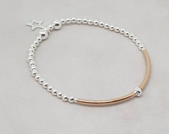 Sterling Silver Bead Bracelet, rose gold noodle bracelet, Stretch Bracelet, mixed metal bracelet, stacking bracelet, silver star bracelet