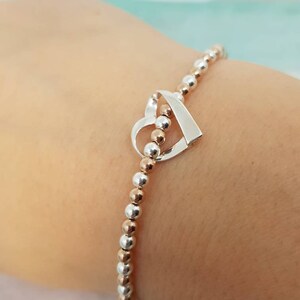 Sterling Silver Bead Bracelet, Silver heart Bracelet, Rose Gold Bead Bracelet, 925 Bead Bracelet, Stacking Bracelet, Stretch Bracelet