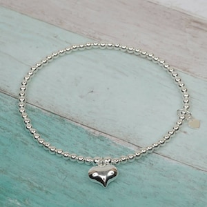 Heart Sterling Silver Bead Bracelet, Stretch Bracelet, stacking bracelet, silver bead bracelet, bead bracelet, gift for her