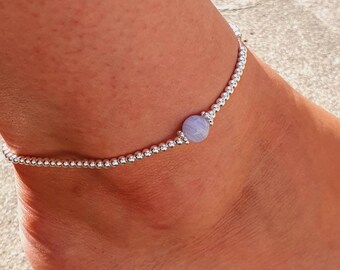 Sterling Silver Blue Lace Agate Anklet,  Semi precious stone, stacking anklet, silver beaded anklet, bead bracelet, healing stones, Stretch