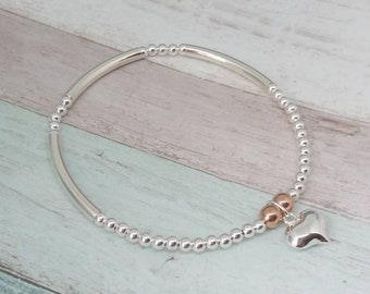 Sterling Silver Beaded Bracelet, Rose gold bead bracelet, Stretch Bracelet,  stacking bracelets, noodle bracelet, ladies gift