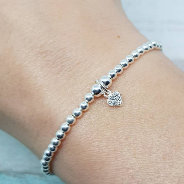 Children's Sterling Silver Bead Bracelet, silver ball bracelet, Stretch Bracelet,child bracelet, silver heart bracelet, silver bead bracelet