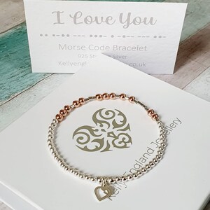 I love you! Sterling Silver & Rose Gold Bracelet, Morse Code Stretch Bracelet, Stacking Bracelet, Keepsake Gift, Gift for Her. Love Bracelet