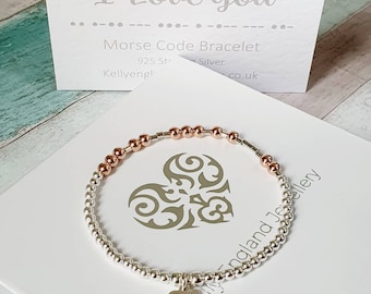 I love you! Sterling Silver & Rose Gold Bracelet, Morse Code Stretch Bracelet, Stacking Bracelet, Keepsake Gift, Gift for Her. Love Bracelet