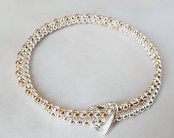 Sterling Silber & Gold Floating Heart Bead Duo Armbänder, Gelbgold Bead Armband, 925 Bead Armband, Stack Armband, Stretch Armband