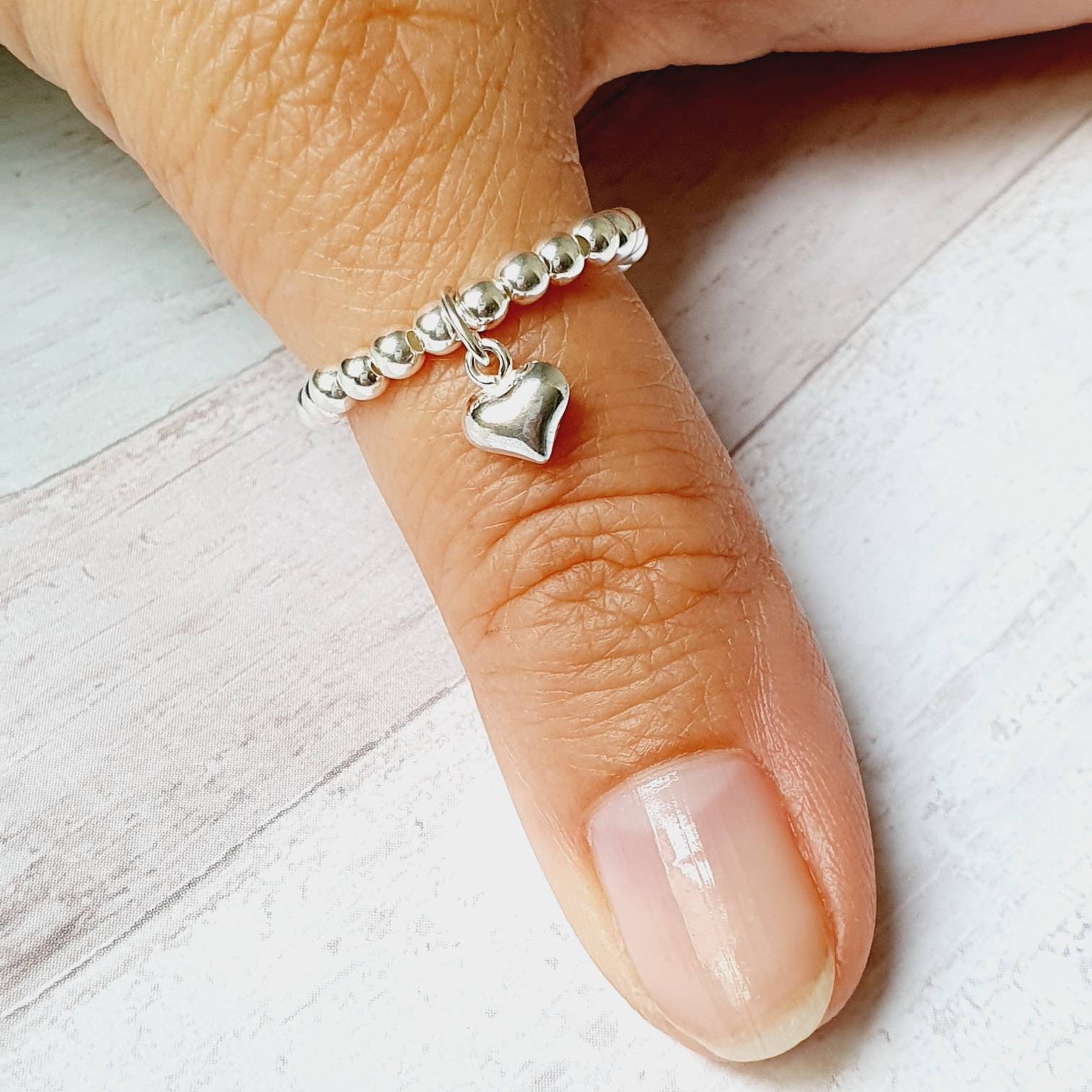 Sterling Silver Heart Stretch Ring, Sterling Silver Beads, Petite Tiny
