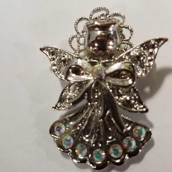 Vintage Silver Toned Rhinestone Angel Brooch - image 4