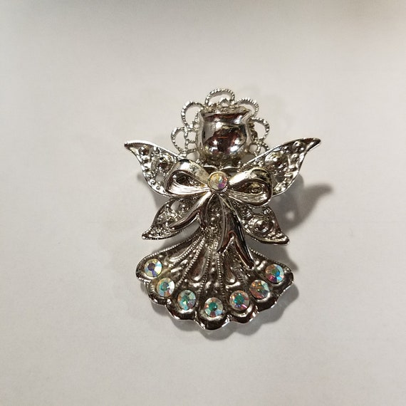 Vintage Silver Toned Rhinestone Angel Brooch